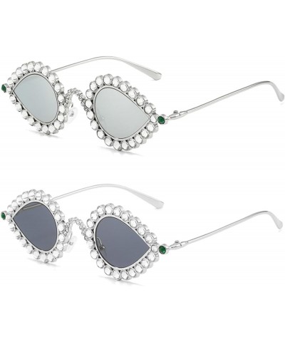 Small Cute Cat Eye Rhinestone Sunglasses Vintage Metal Frame Diamond Eyewear Bling Sunglasses for Women Girls Party 2pcs-silv...