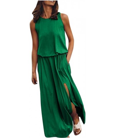 Casual Linen Dresses for Women Comfortable Solid Color Round Neck Sleeveless Beach Dress Elastic Waist Slit Daily Dress Green...