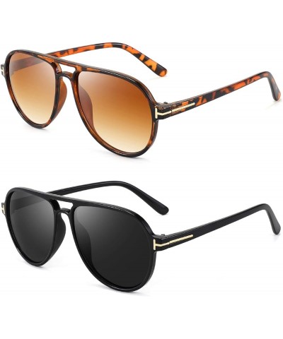 Retro Square Aviator Sunglasses for Women Mens Vintage Double Bridge Sun Glasses Lightweight 70s Shades 2 Pcs Black+leopard $...