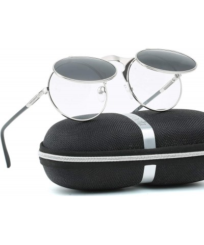 Retro Round 80's Flip Up Steampunk Sunglasses Mirror Vintage Circle Sun Glasses Eyewear for Men Women Silver Frame Grey Lens ...