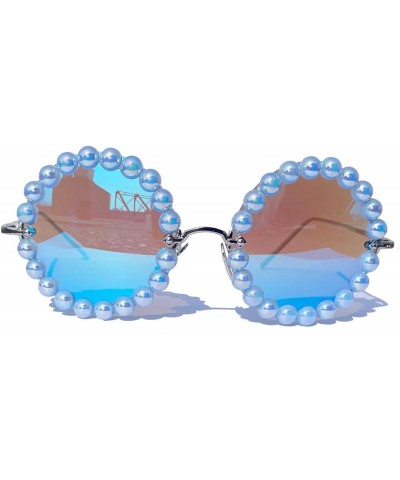 Luxury Fine Shimmering Pearl Round Sunglasses Womens Cute Fashion Trendy Bling Diamond Sunglasses Rimless Eyewear Blue $10.25...