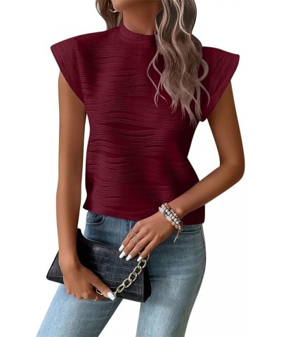 Women's Textured Cap Sleeve Top Mock Neck T Shirt Casual Loose Fit Tops Wine Red $50.68 Oversized