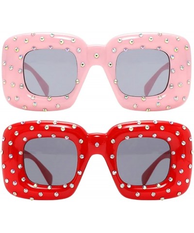 Inflatable Square Diamonds Sunglasses Women Rhinestone Sun Glasses Fashion Trend Big Frame Sparkling Shades Eyewear 2pcs-pink...