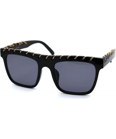 Womens Thin Metal Chain Weave Trim Plastic Horn Rim Sunglasses Black Solid Black $9.85 Rectangular