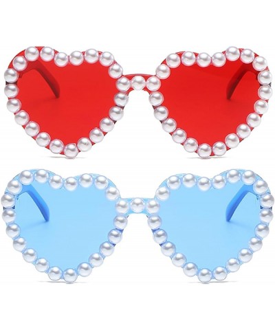 Cute Heart Shaped Sunglasses for Women Retro Vintage Bling Pearl Sunglasses Rave Party Sun Glasses Wedding Decor 2pcs-blue&re...