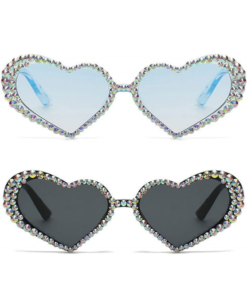 Heart Love Shaped Rhinestone Sunglasses Women Crystal Diamond Sun Glasses Female Fashion Pink Decoration Eyewear 2pcs-black&b...