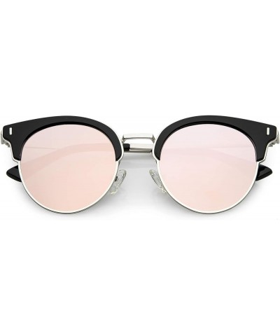 Polarized Semi Rimless Cat Eye Sunglasses For Women Round Mirrored Lens 49mm Black / Pink Mirror $12.25 Rimless