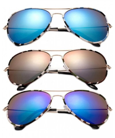 3 Pack Camouflage Canvas Warp Metal Rim Aviator Sunglasses for Men for Women, Flash Mirror Lens UV400 3 Pack Blue, Green & Pu...