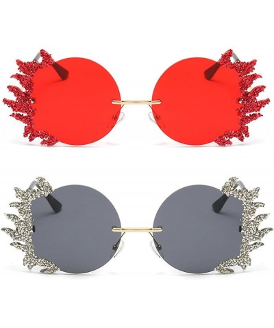 Y2k Flame rhinestone Diamond Sunglasses Metal Rimless Novelty Fire Glasses for Women Men Disco Party Accessories 2pcs-black&r...