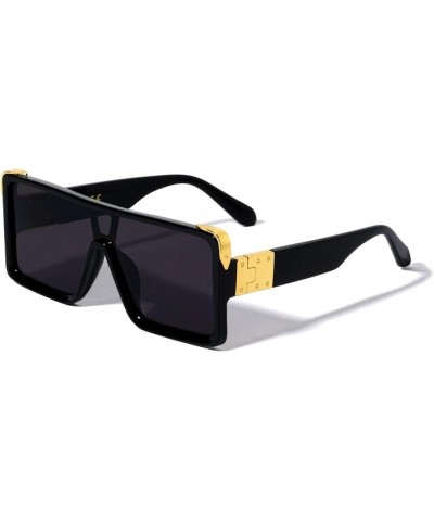 Oversized Square Shield One Piece Lens Aviator Sunglasses Glossy Black & Gold Frame Black Super Dark Lens $10.77 Oversized
