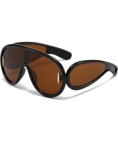 Trendy Wave Mask Sunglasses for Women Men Oversized Shield Sun Glasses Fashion Designer Style Black/Brown $9.49 Rimless