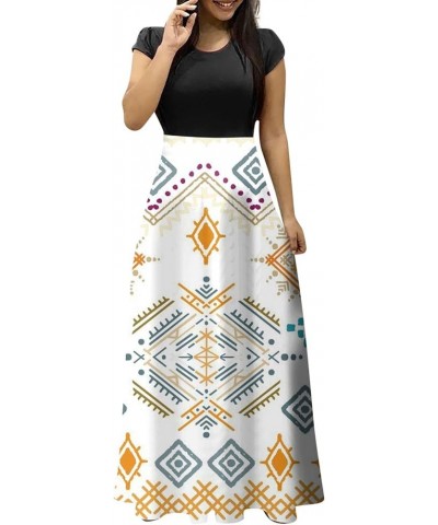 Women's Fashion Casual Ethnic Printed Round Neck Short-Sleeved Large Size Long Dresses Loose Comfortable Dress White-4 $21.51...