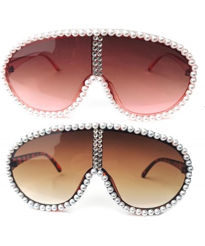 Fashion One Piece Rhinestone Sunglasses For Women Oversized Pearl Shield Diamond Sun Glasses Female Party Shades 2pcs-leopard...