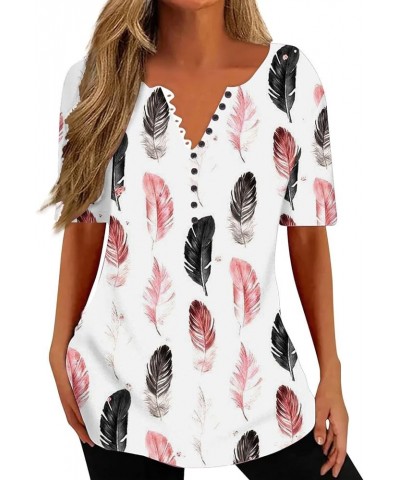 Women Button Down Tshirts Feather Graphic V Neck Short Sleeve Tunic Plus Size Trendy Pullover Hide Belly Summer Tee White $10...
