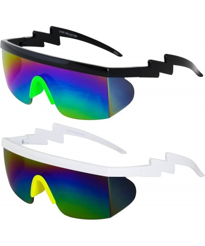 Semi Rimless Goggle Style Retro Rainbow Mirrored Lens ZigZag Sunglasses (Black & White Cheetah Frame Blue Mirrored Lens) 2 Pa...