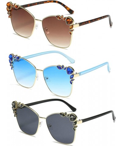 Retro Cateye Candy color Sunglasses for Women UV400 Protection Cat Eye bling rhinestone Sun Glasses 3pcs-black&blue&brwon $11...