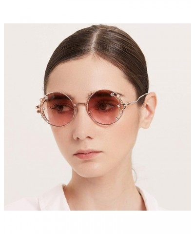 Round Mosaic Diamond Retro Fashion Ladies Sunglasses,Trendy Metal Frame Glasses Tea Pink $9.44 Round