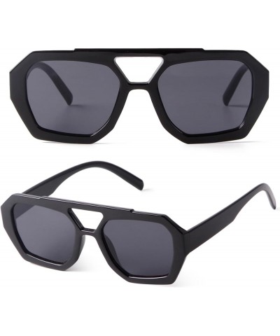 Trendy Aviator Sunglasses for Women Men Hexagon Square Thick Frame Retro 70s Double Bridge Sun Glasses Shades Black Frame/Gre...