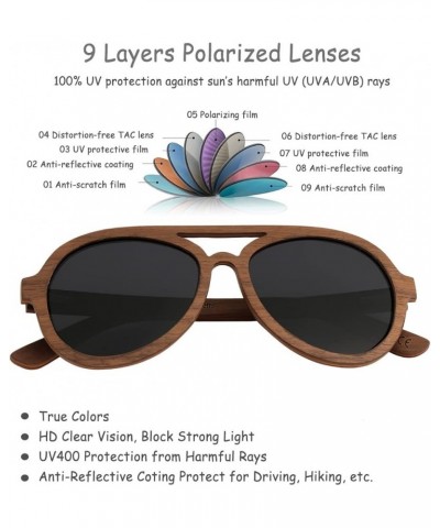 Pilot Polarized Wooden Sunglasses for Men Women, Bamboo Sunglasses Wood Frame Walnut Wood, Black Lens $20.99 Aviator