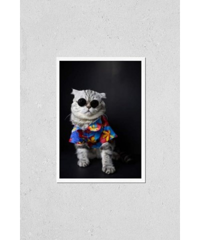 Wall Art Poster Print of Scottish Fold Cat are Wear Sunglass and Shirt in Concept Summer on The Black Background. Portrait Sc...