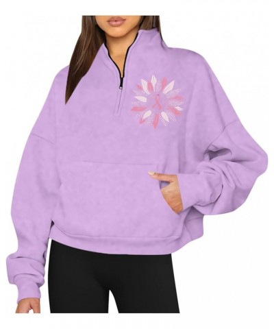 Half Zip Oversized Sweatshirt for Women Fleece Lined Hoodie Breast Cancer Awareness Trendy Fall Teen Girls Pullover Purple $1...