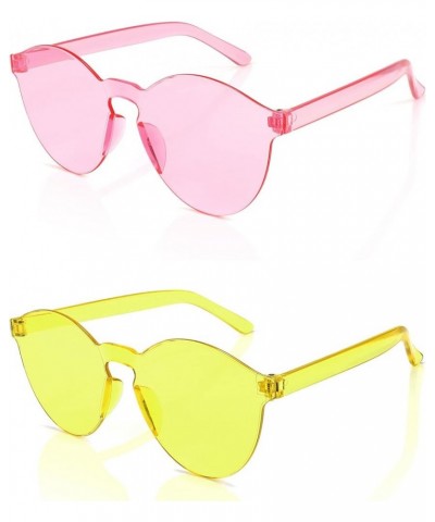 2 Pack Rimless Round Shaped Sunglasses Women One Piece Transparent Candy Color Cute Glasses B2230 Pink,yellow $9.48 Round