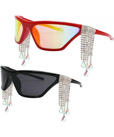 Steampunk Sports Sunglasses Goggle New Women Men Luxury Rhinestone tassels Y2k Sun Glasses UV400 Shades Eyewear 2pcs-black&re...