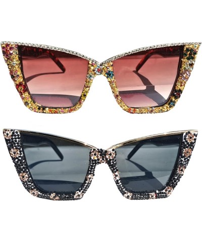 Fashion half frame Cat Eye Rhinestone Sunglasses for Women Cateye Glasses Jeweled Costume Party Jeweled 2pcs-black&leopard $1...