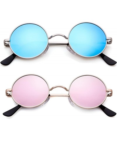 Retro Small Round Polarized Sunglasses for Women Men Vintage Metal Circle Frame Tint Lens Glasses Ocean Blue & Rose Pink $8.2...