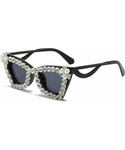 Bling Diamond Sunglasses Womens Rhinestone Sunglasses Cute Cat Eye Trendy Pearl Shades Fashion Vintage UV Protection White&bl...